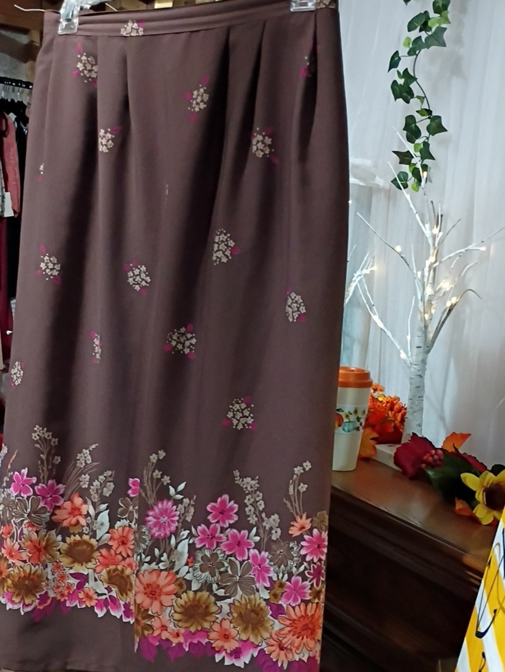Sag Harbor Brown Maxi Skirt with Pink & Orange Floral Border